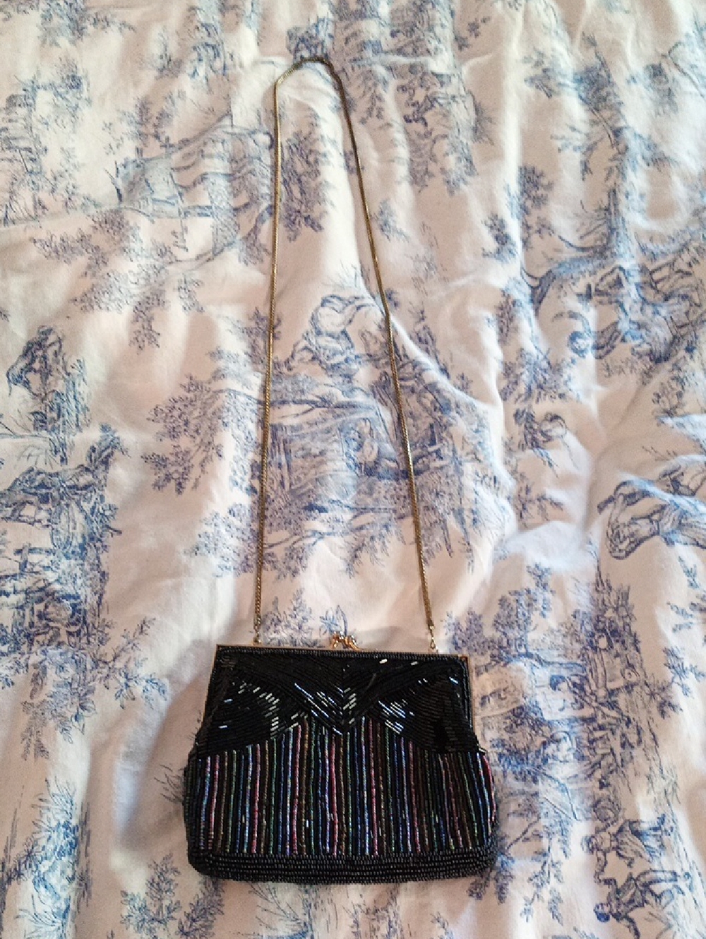 Vintage Beaded Black Evening Clutch W/ Iridescent Striped Accents/ Gold Chain